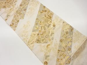 短冊に草花・亀甲・蝶・菱模様織出し袋帯